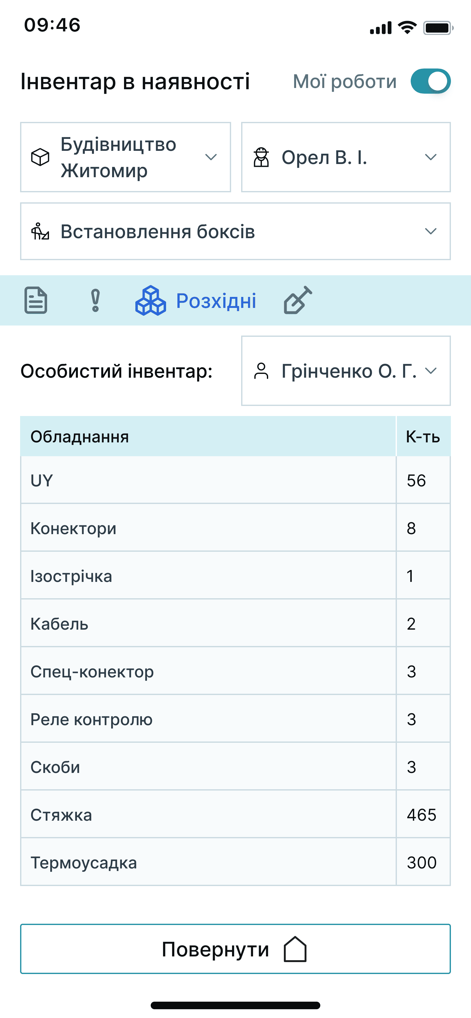 Особистий інвентар монтажника в мобільному IS PORTAL